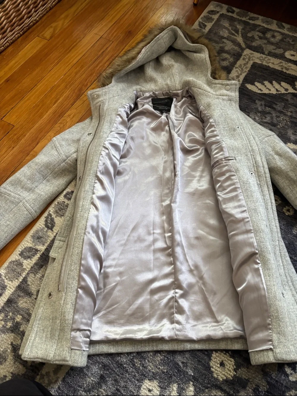 J. Crew Light Gray Hooded Wool-Blend Pea Coat with Faux-Fur Trim - Picture 2 of 6